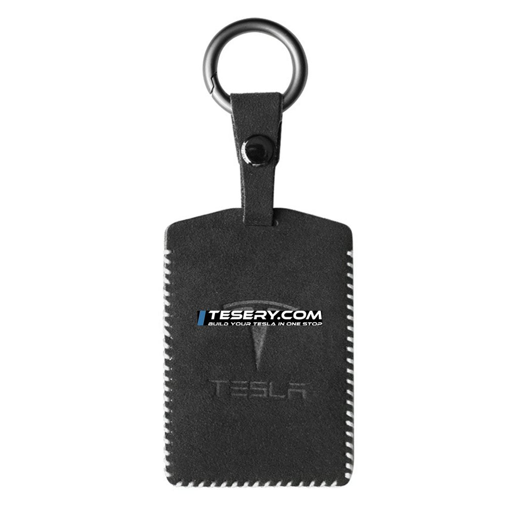 Alcantara Key Card Holder for Model 3/Y | Italian Material | Hook & Keychain | White Stitching