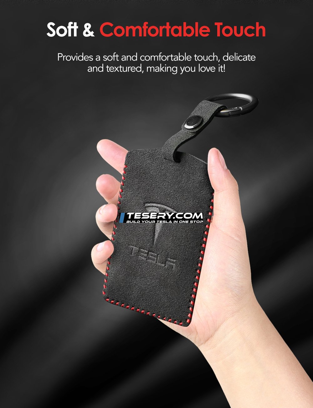 Alcantara Key Card Holder for Model 3/Y | Italian Material | Hook & Keychain | White Stitching