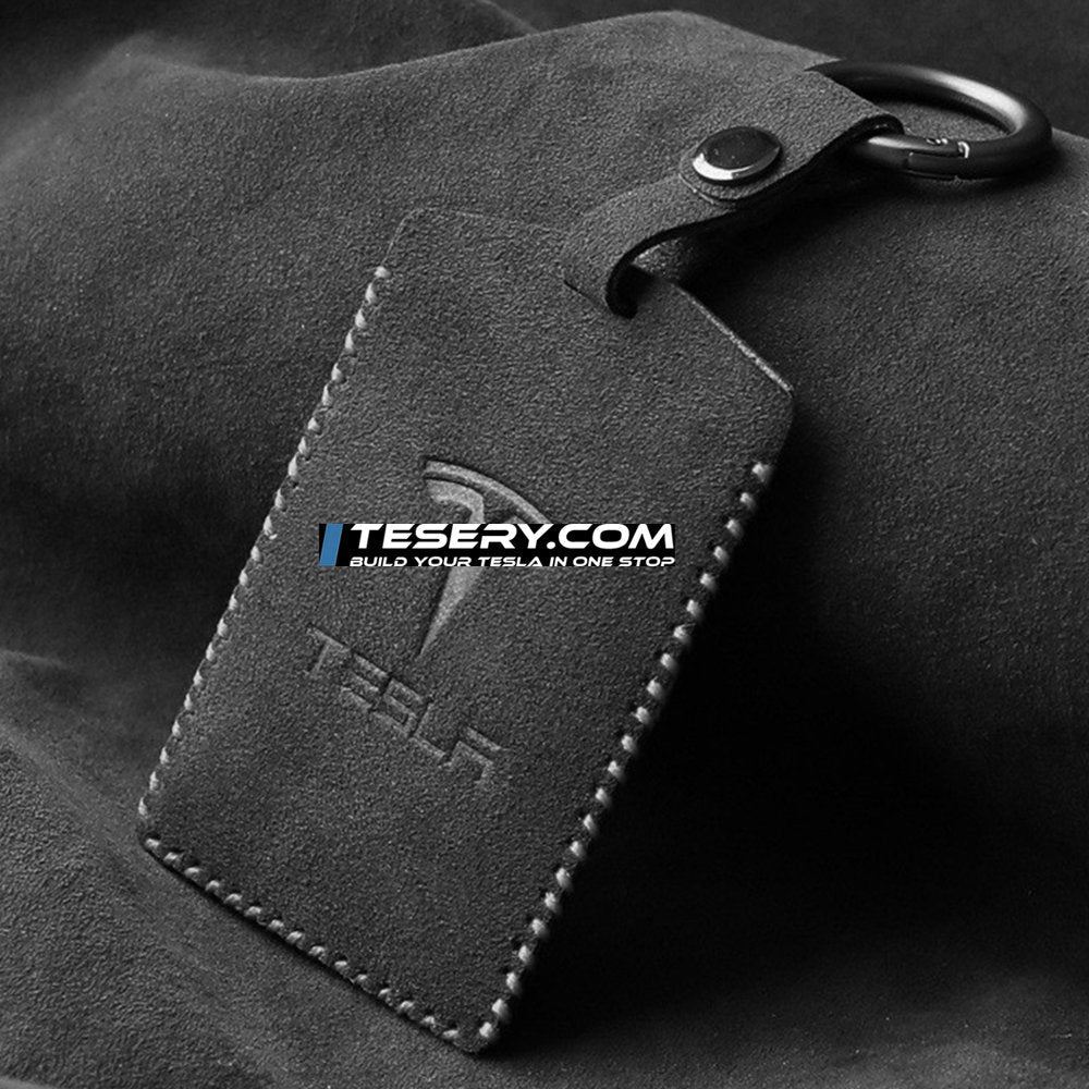 Alcantara Key Card Holder for Model 3/Y | Italian Material | Hook & Keychain | White Stitching