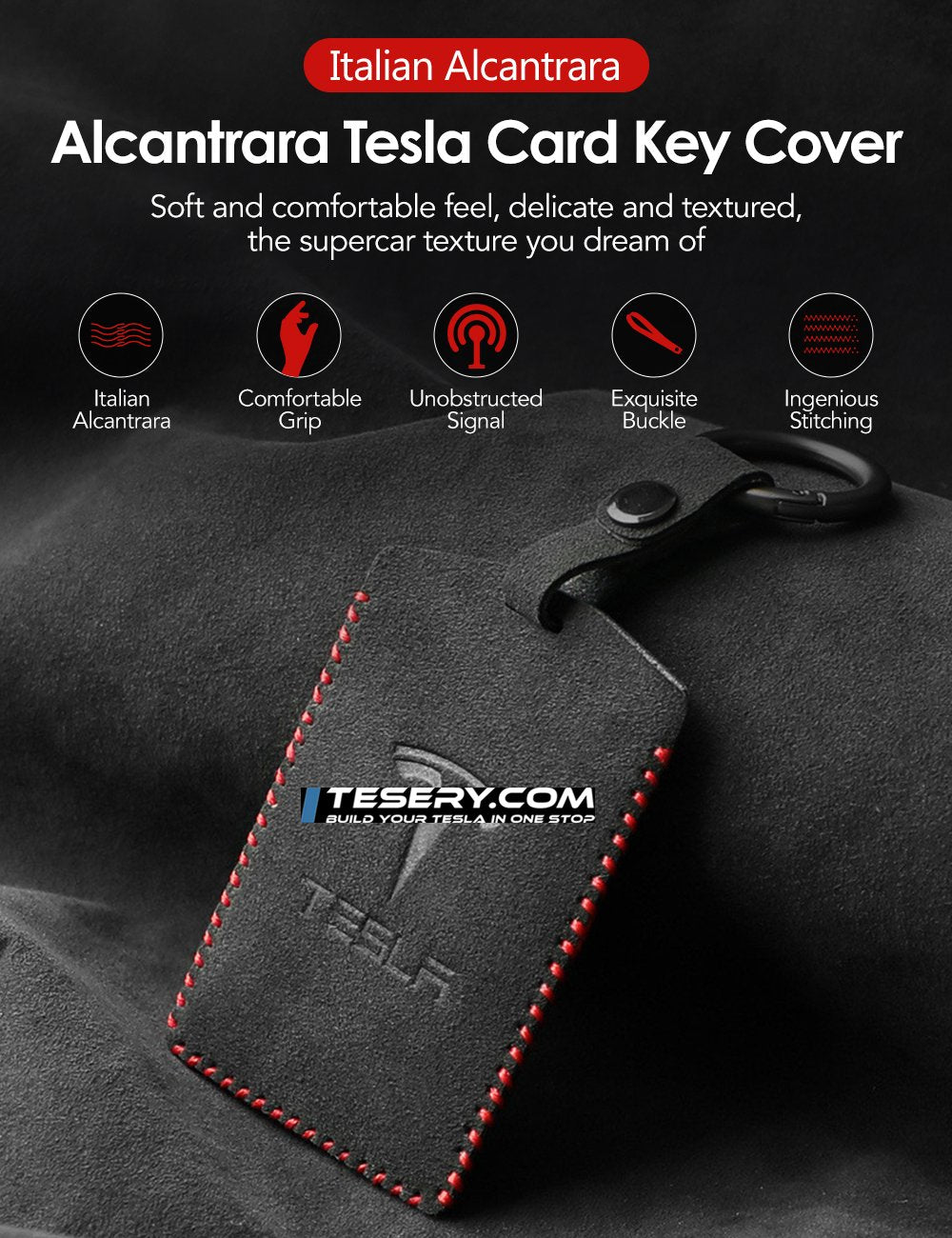 Alcantara Key Card Holder for Model 3/Y | Italian Material | Hook & Keychain | White Stitching
