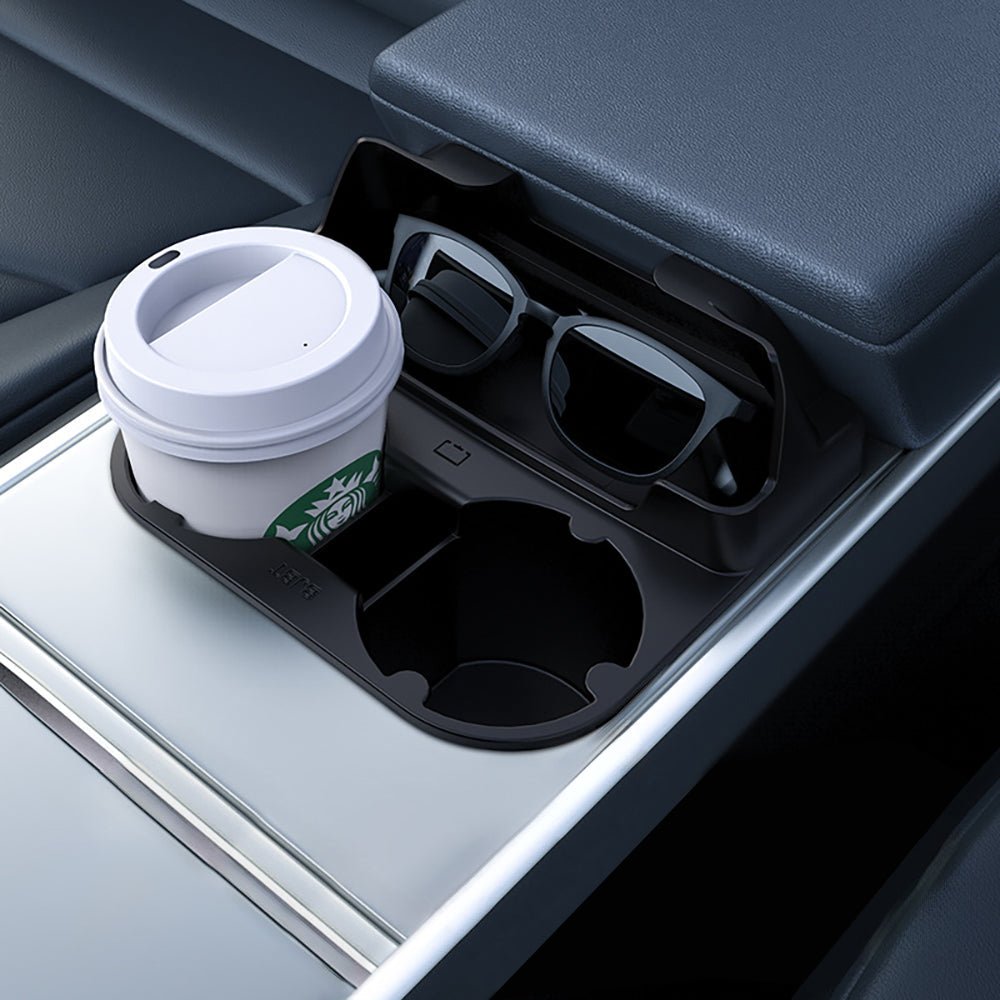 Center Console Cup Holder with Storage for Model 3/Y | Food-Grade Silicone | 2-Slot