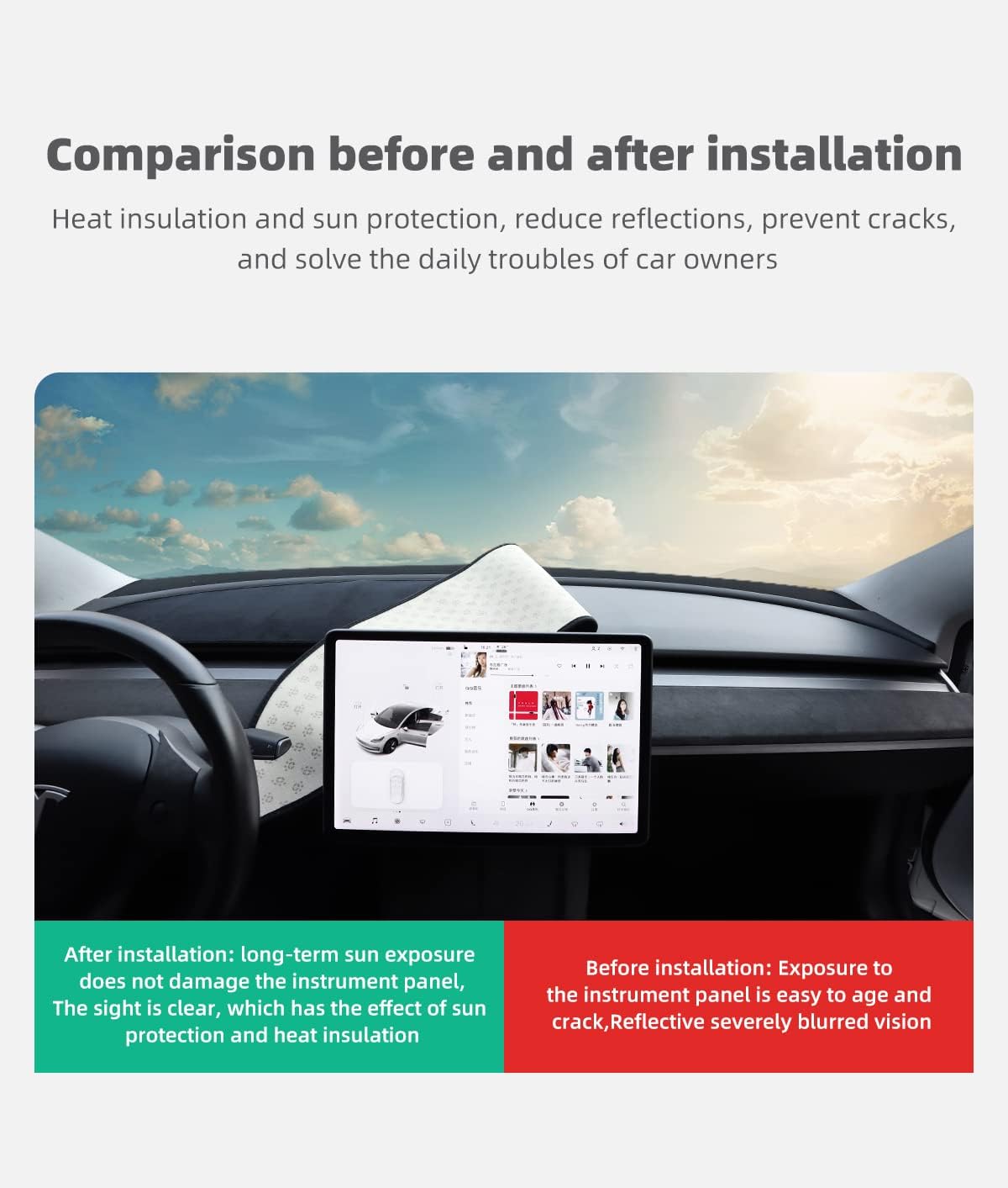 Dashboard Blackout Mat for Model 3/Y Anti-Glare Flannel Dash Cover