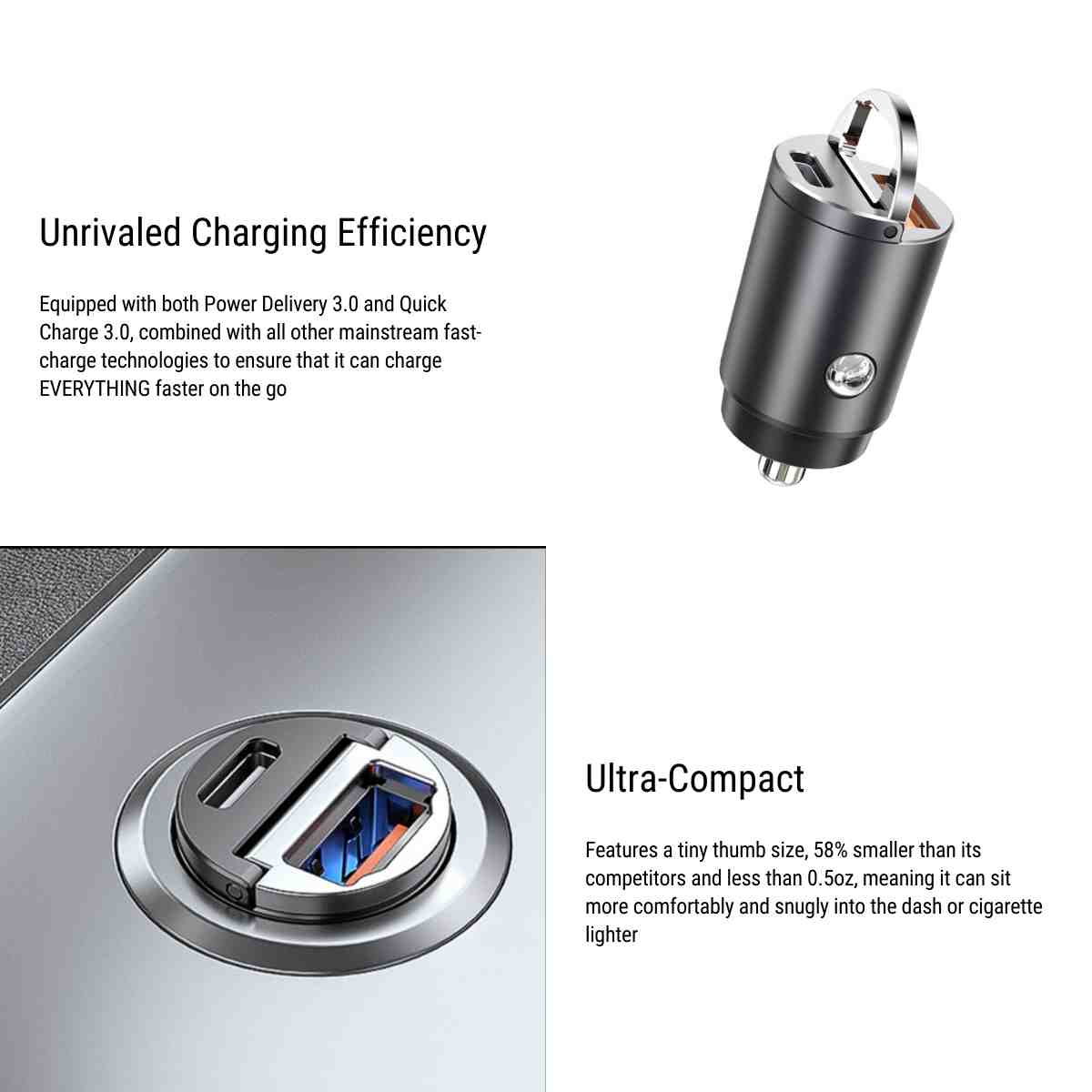 Dual-Port Fast Car Charger | PD 3.0 + QC 3.0 | 30W Output | Ultra-Compact Design
