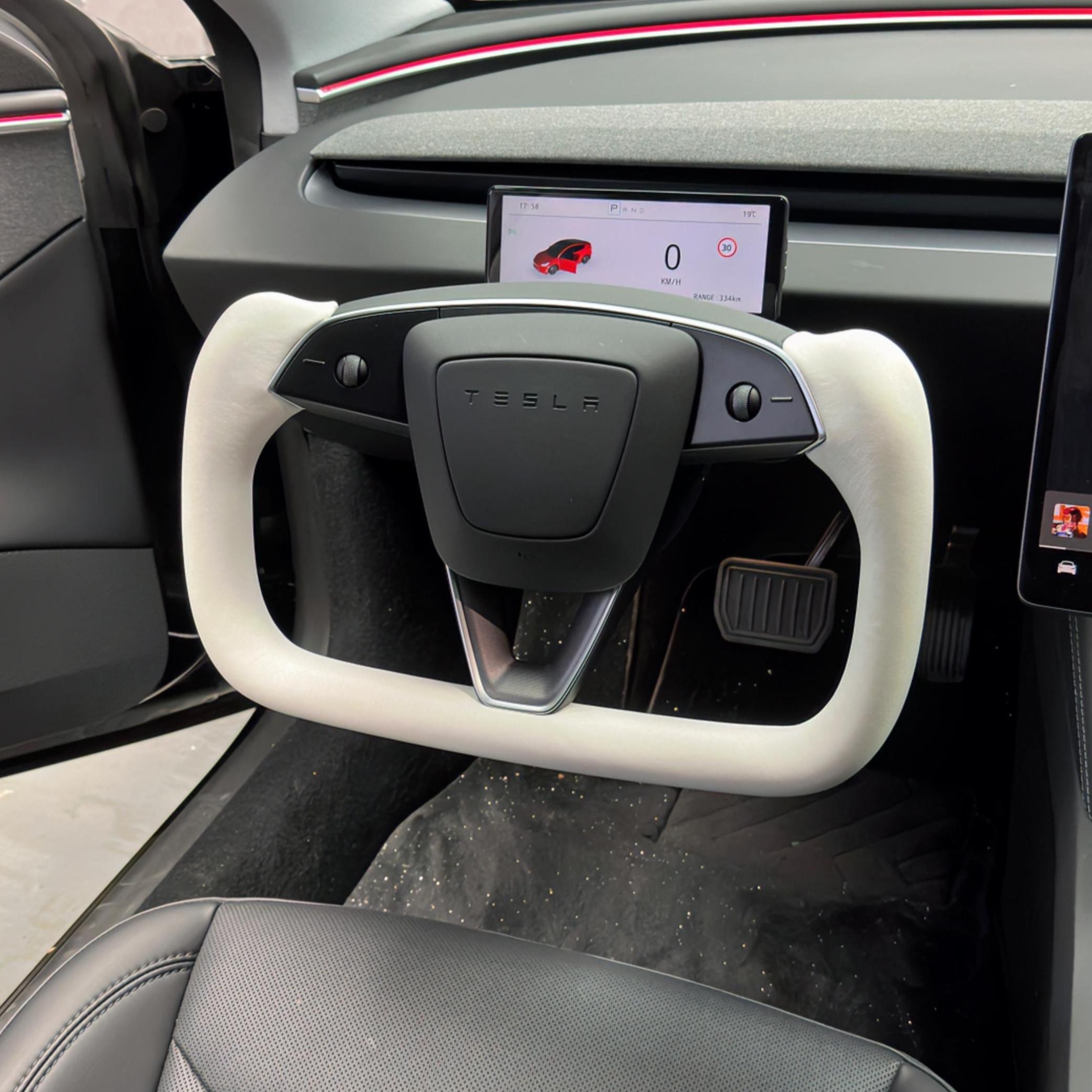 TESERY Model 3 Highland & Model Y Juniper Yoke Plaid Steering Wheel 【White Leather】