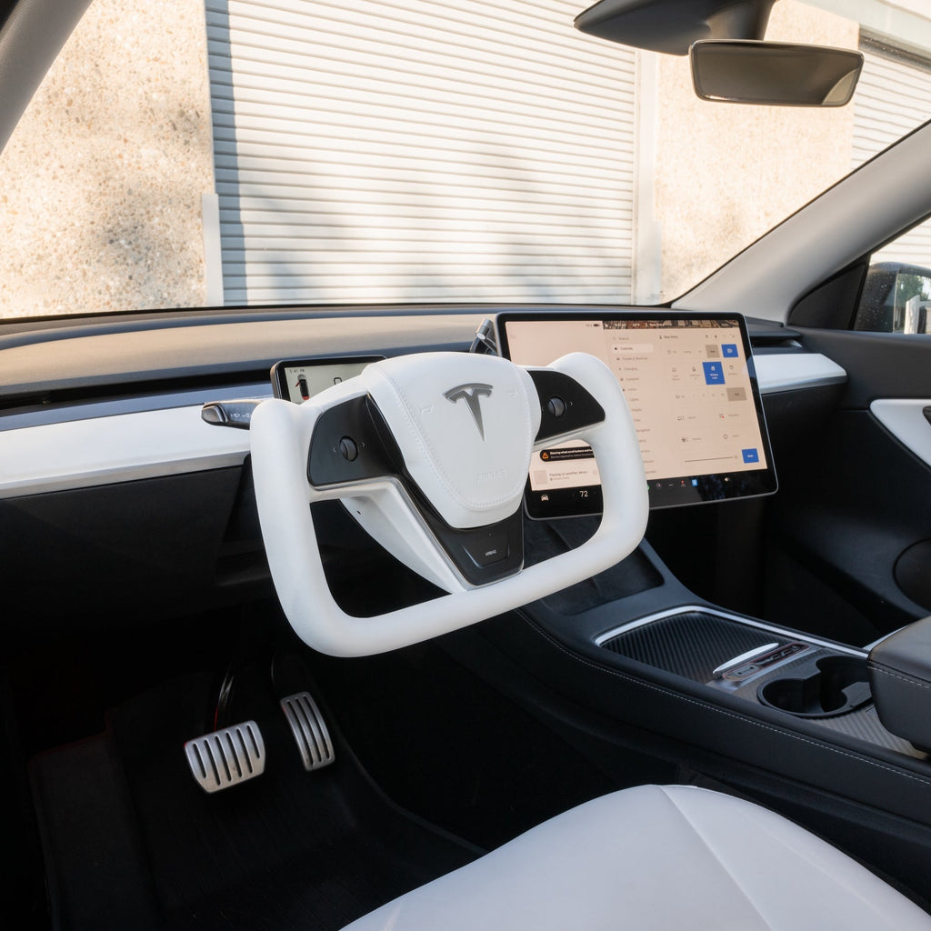 TESERY Yoke Plaid Steering Wheel for Tesla Model 3 / Y【White Leather】