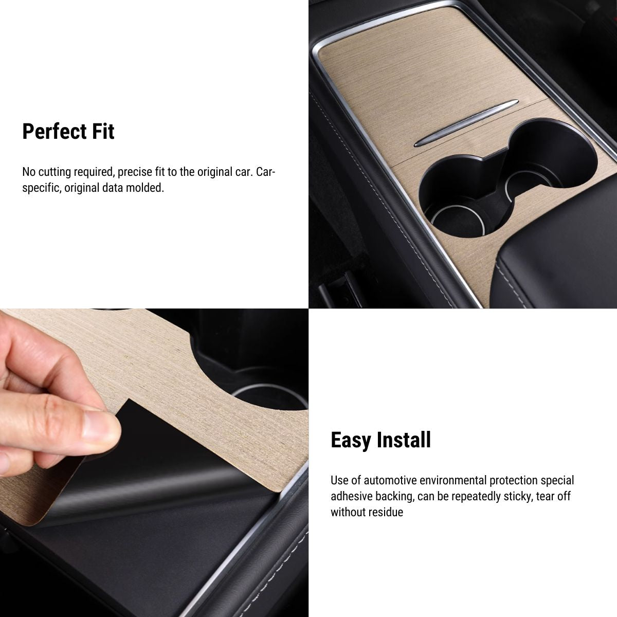 Wood Center Console Wrap for Model 3/Y | Open-Grain Match | Scratch Protection