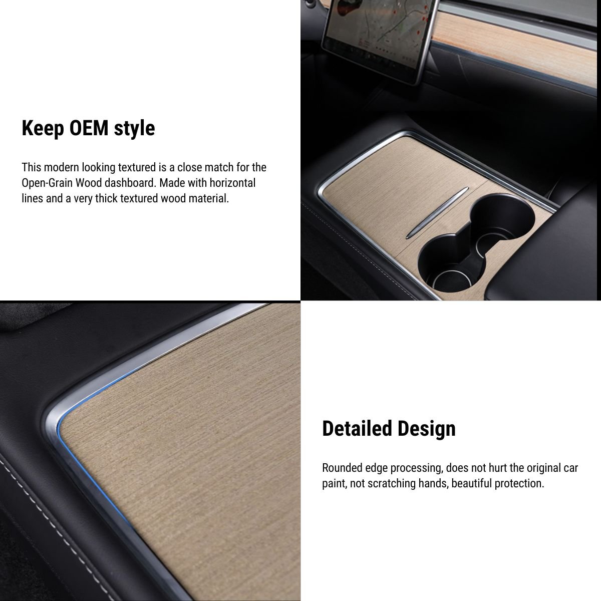 Wood Center Console Wrap for Model 3/Y | Open-Grain Match | Scratch Protection