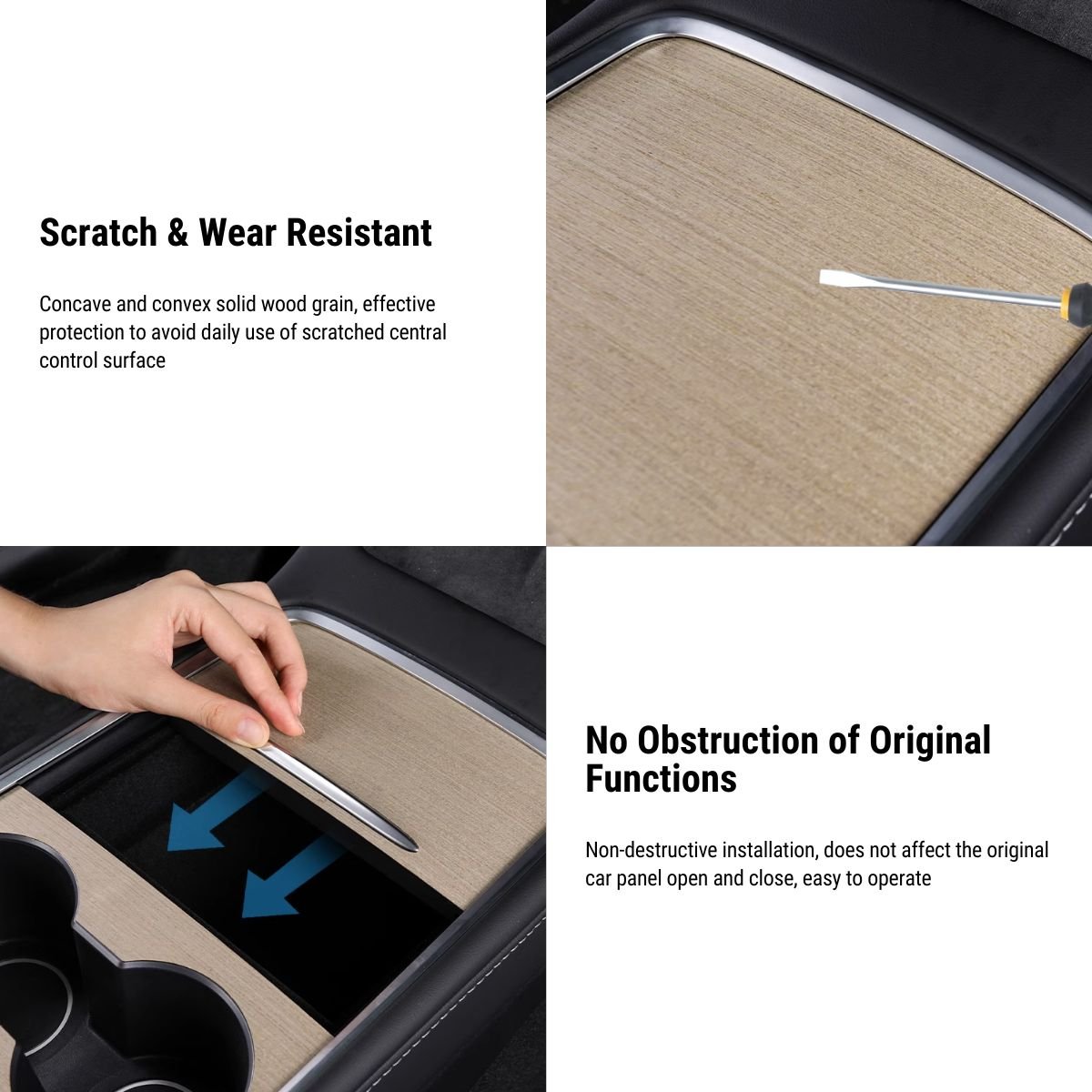 Wood Center Console Wrap for Model 3/Y | Open-Grain Match | Scratch Protection